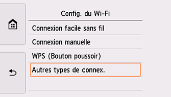 Écran Config. du Wi-Fi : sélectionnez Autres types de connex.